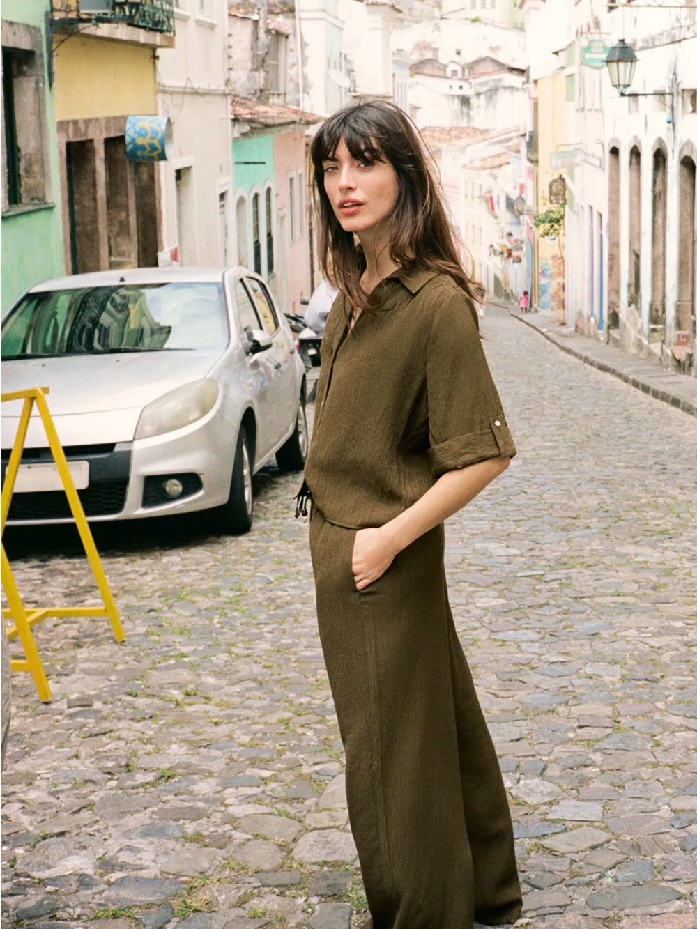 Zara Olive Flowy Straight Leg Pants & Blouse